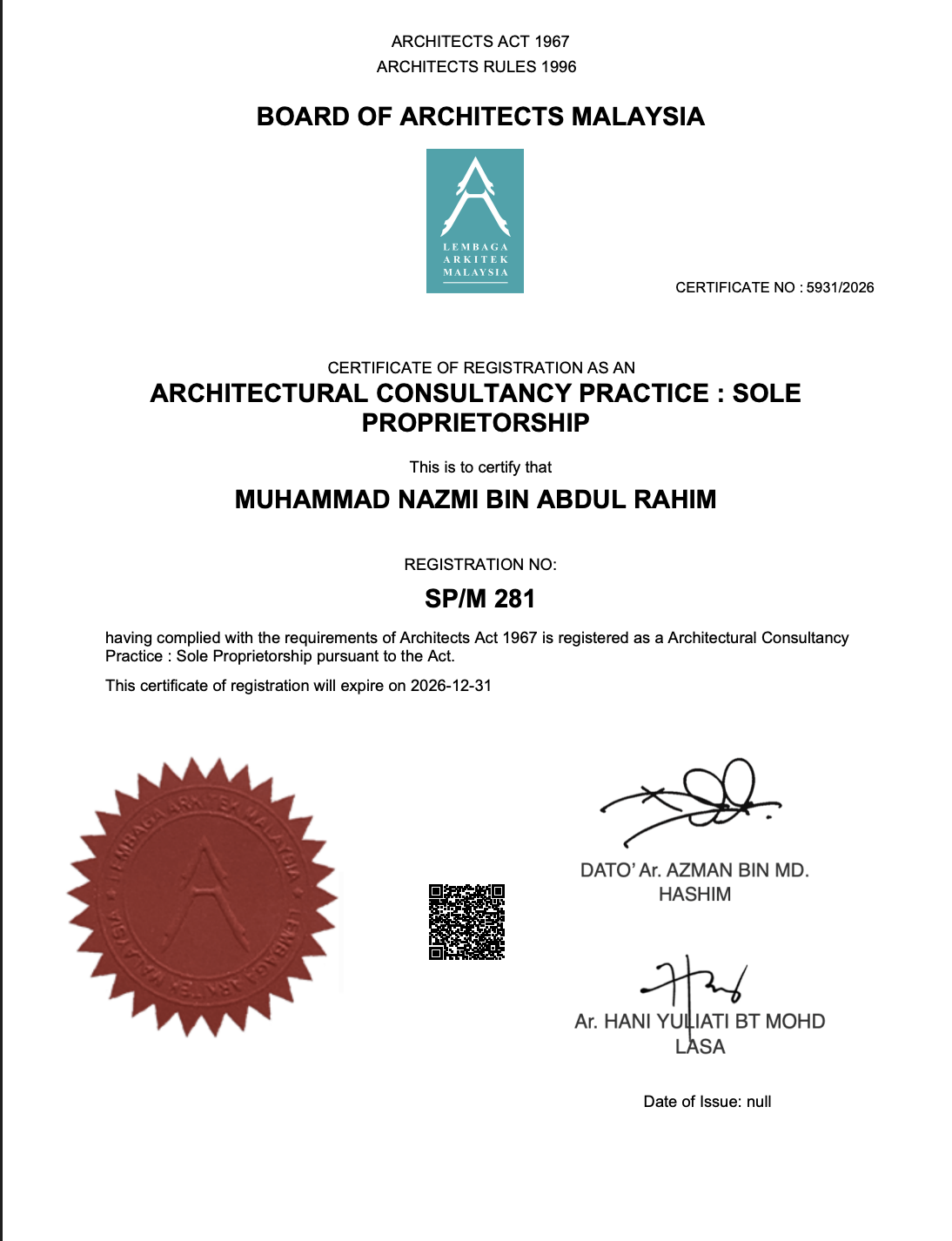 LAM certificate of registration as an Architectural Consultancy Practice: Sole Proprietorship for Muhammad Nazmi Bin Abdul Rahim