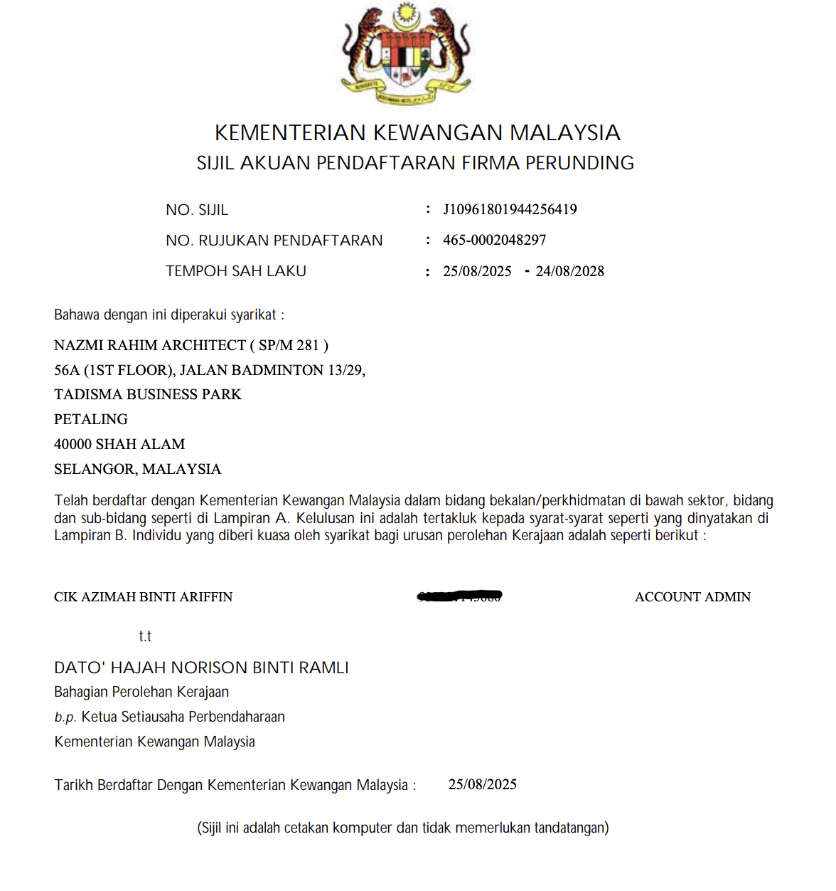 MOF consultant registration certificate